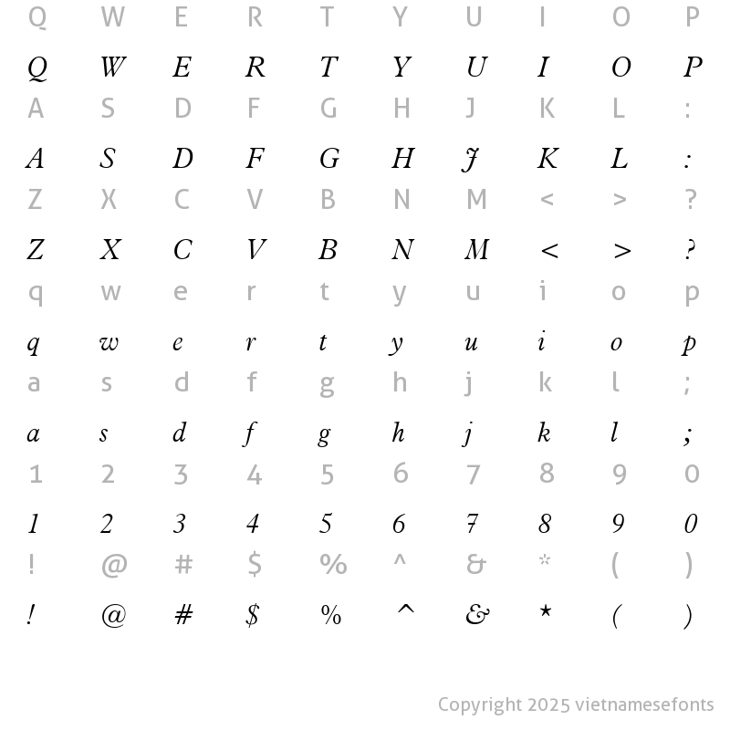 Character Map of UVN Anh Hai Nhe Italic