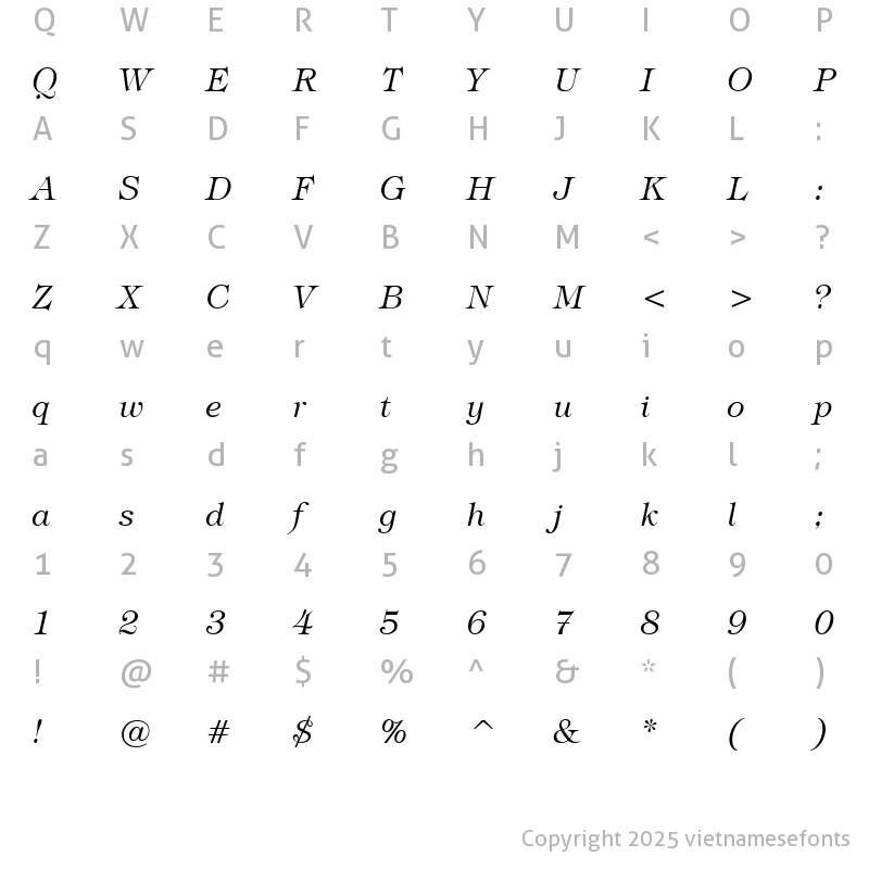 Character Map of UVN Bach Tuyet Italic