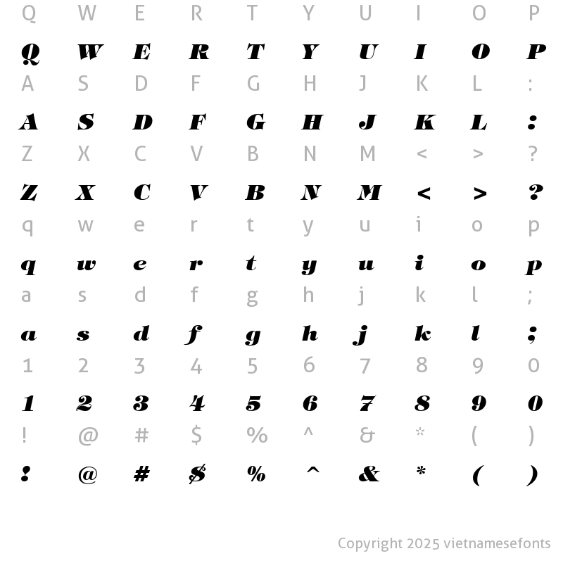 Character Map of UVN Bach Tuyet Nang Italic