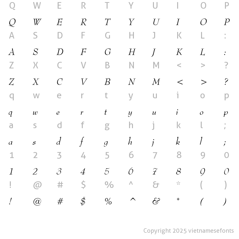 Character Map of UVN Bai Hoc Italic