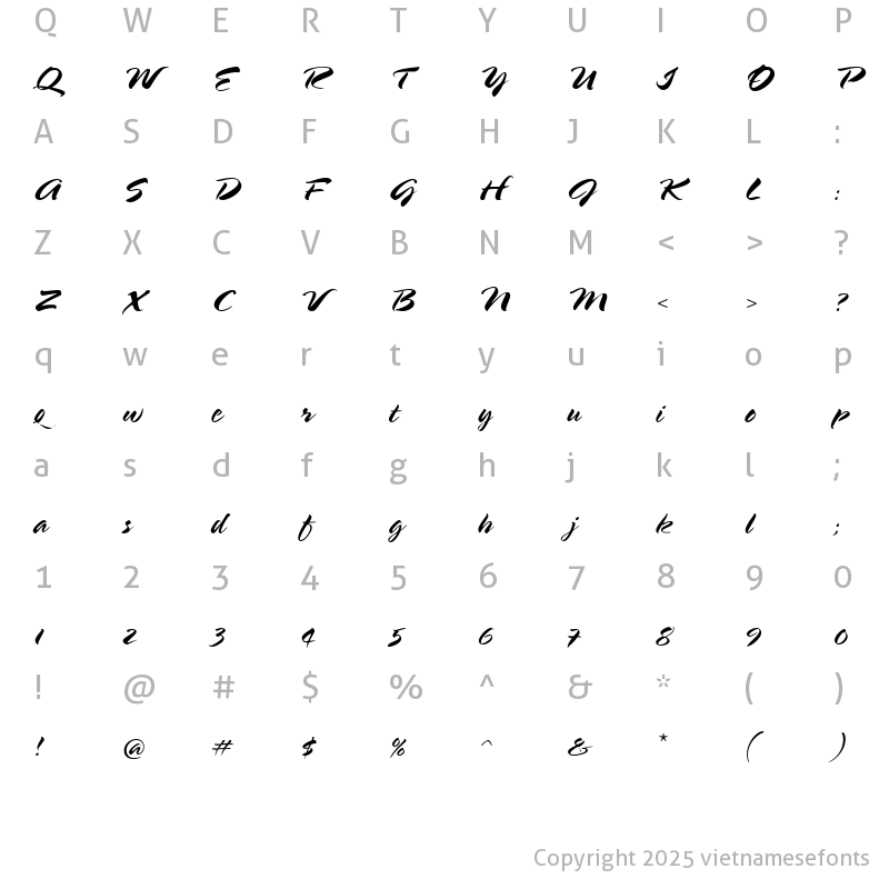 Character Map of UVN Ben Xuan Bold