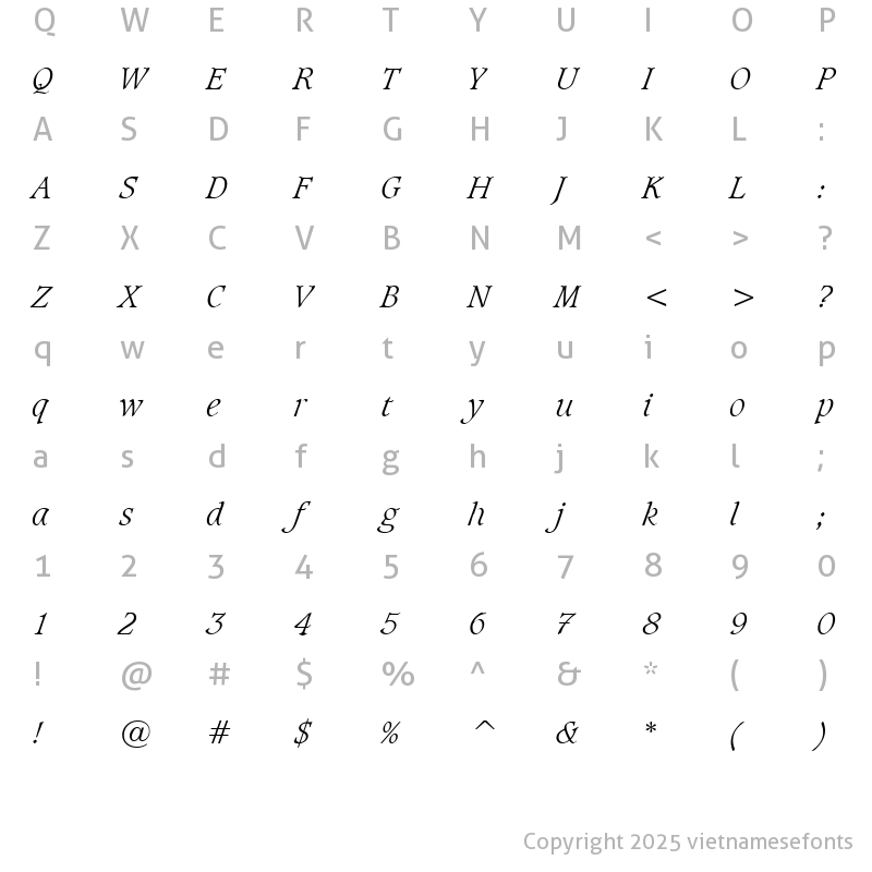Character Map of UVN Cat Bien Nhe Italic