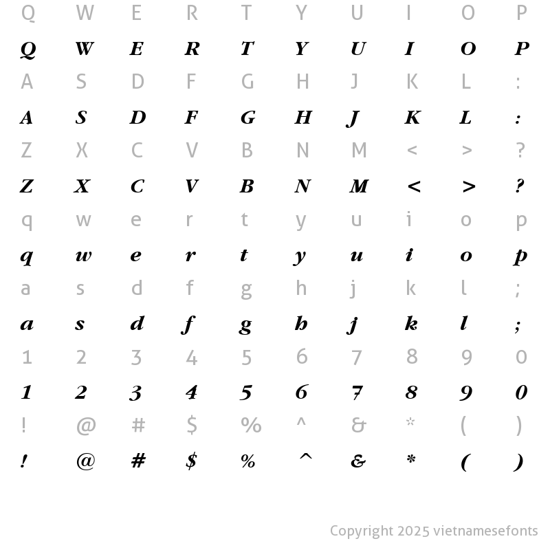 Character Map of UVN Gia Dinh Bold Italic