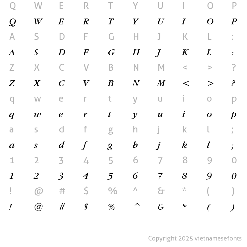 Character Map of UVN Gia Dinh Italic