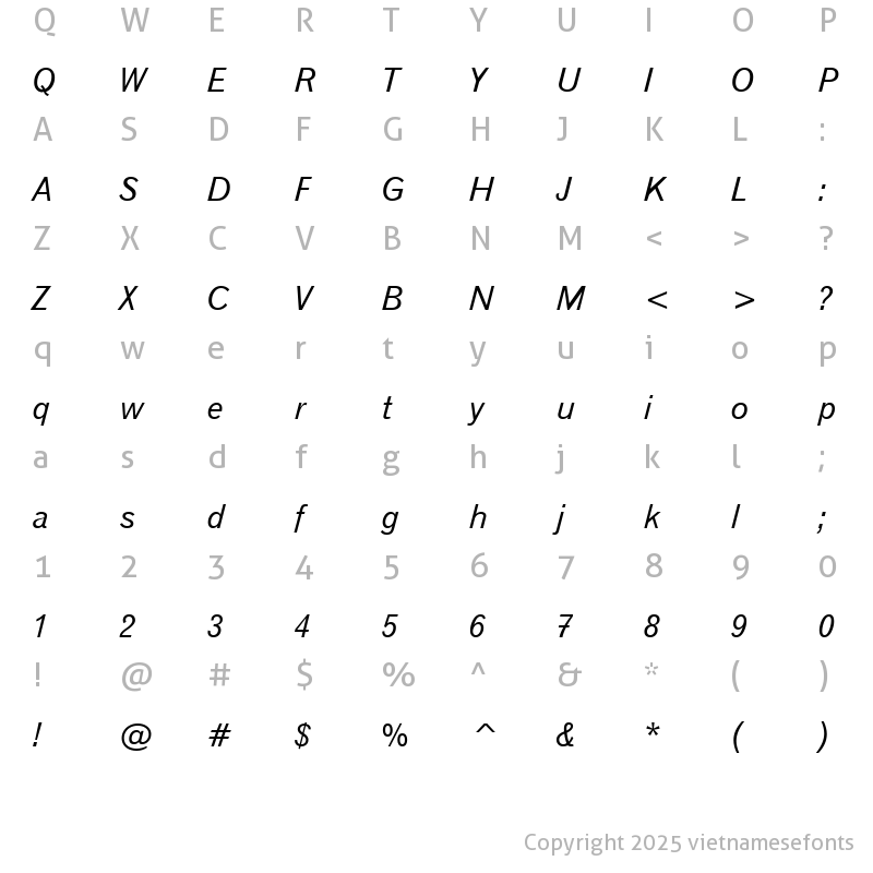 Character Map of UVN Gio May Italic