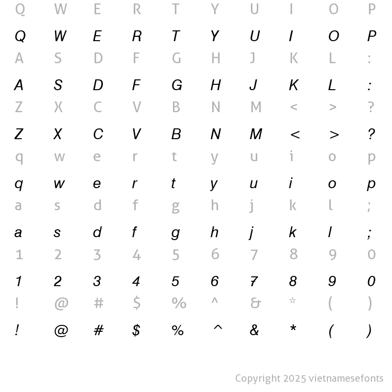 Character Map of UVN Hong Ha Italic