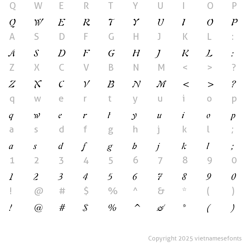 Character Map of UVN Mang Cau Italic
