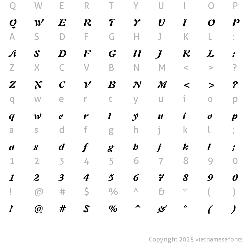 Character Map of UVN Mang Cau Nang Italic