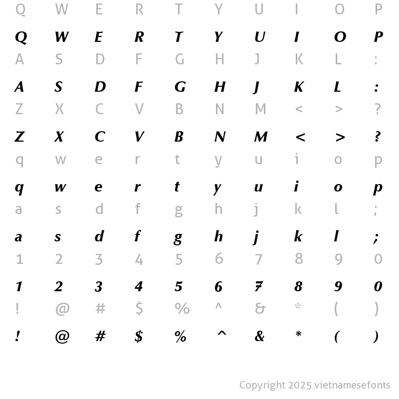 Character Map of UVN Nhan Nang Italic