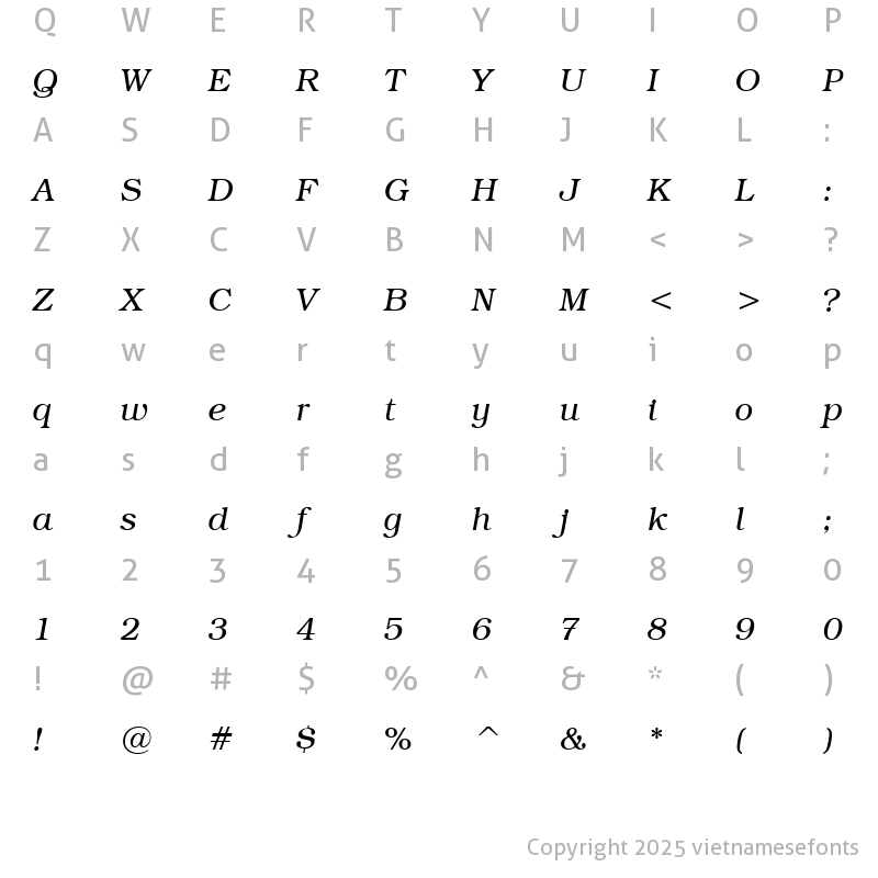 Character Map of UVN Sach Vo Italic
