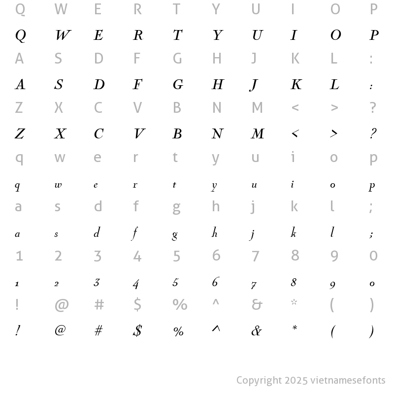 Character Map of UVN Thang Gieng Italic