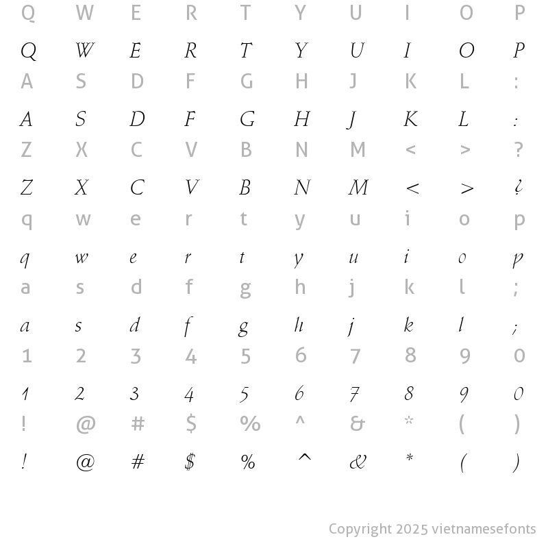 Character Map of UVN Thay Giao Nhe Italic
