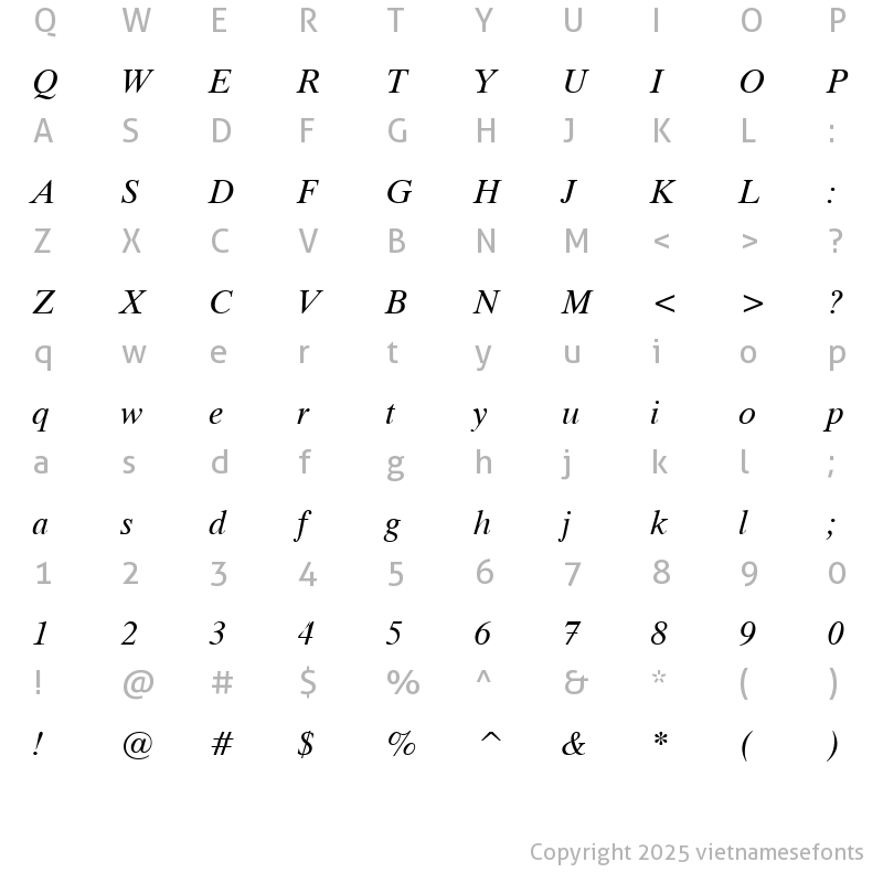 Character Map of UVN Thoi Nay Italic