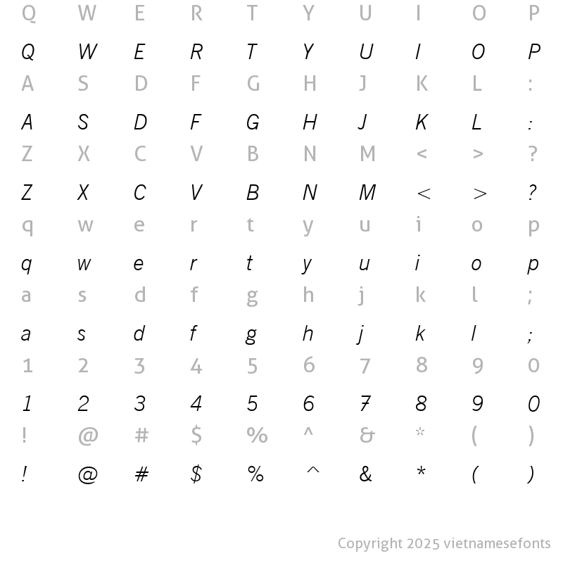 Character Map of UVN Tin Tuc Nhe Italic