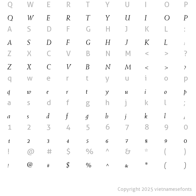 Character Map of UVN Van Chuong Italic