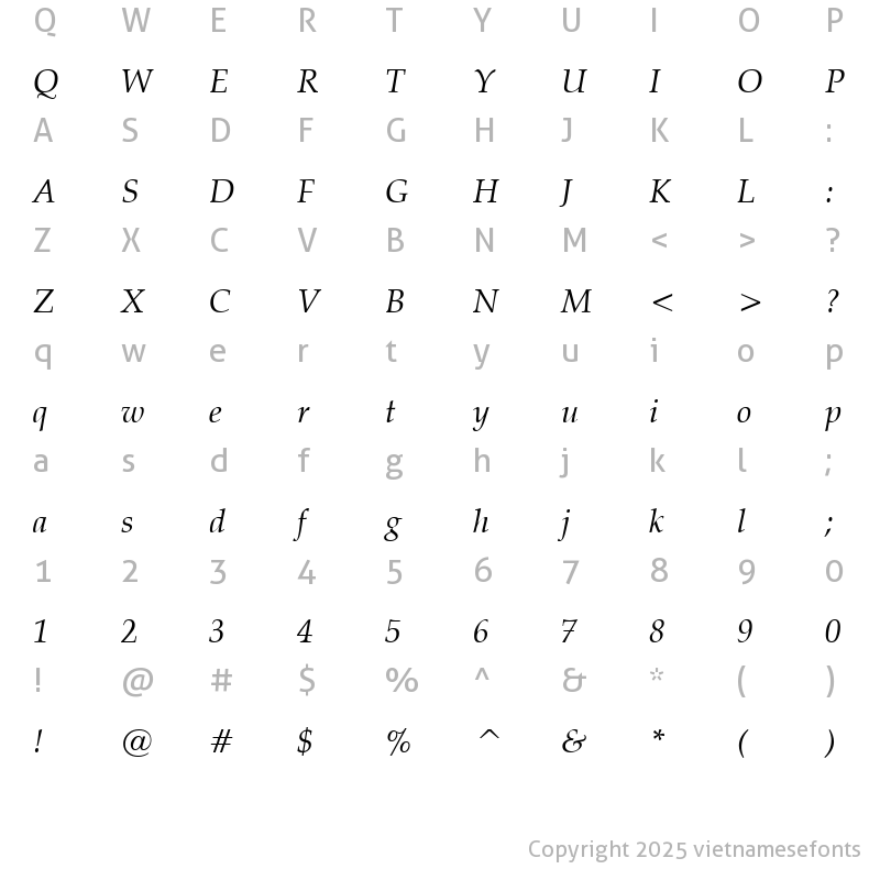 Character Map of UVN Viet Sach Italic